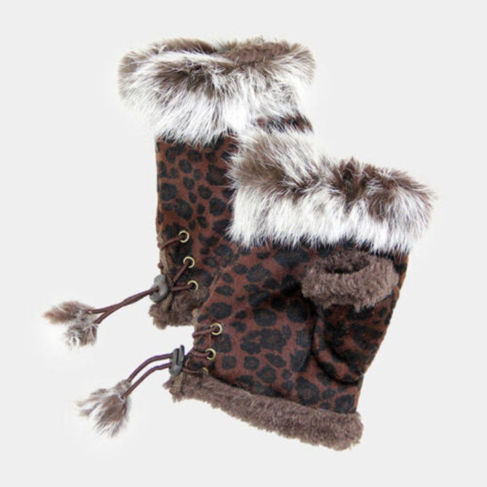 Dark Brown Leopard Print Women Winter Faux Fur Warm Fingerless Gloves
